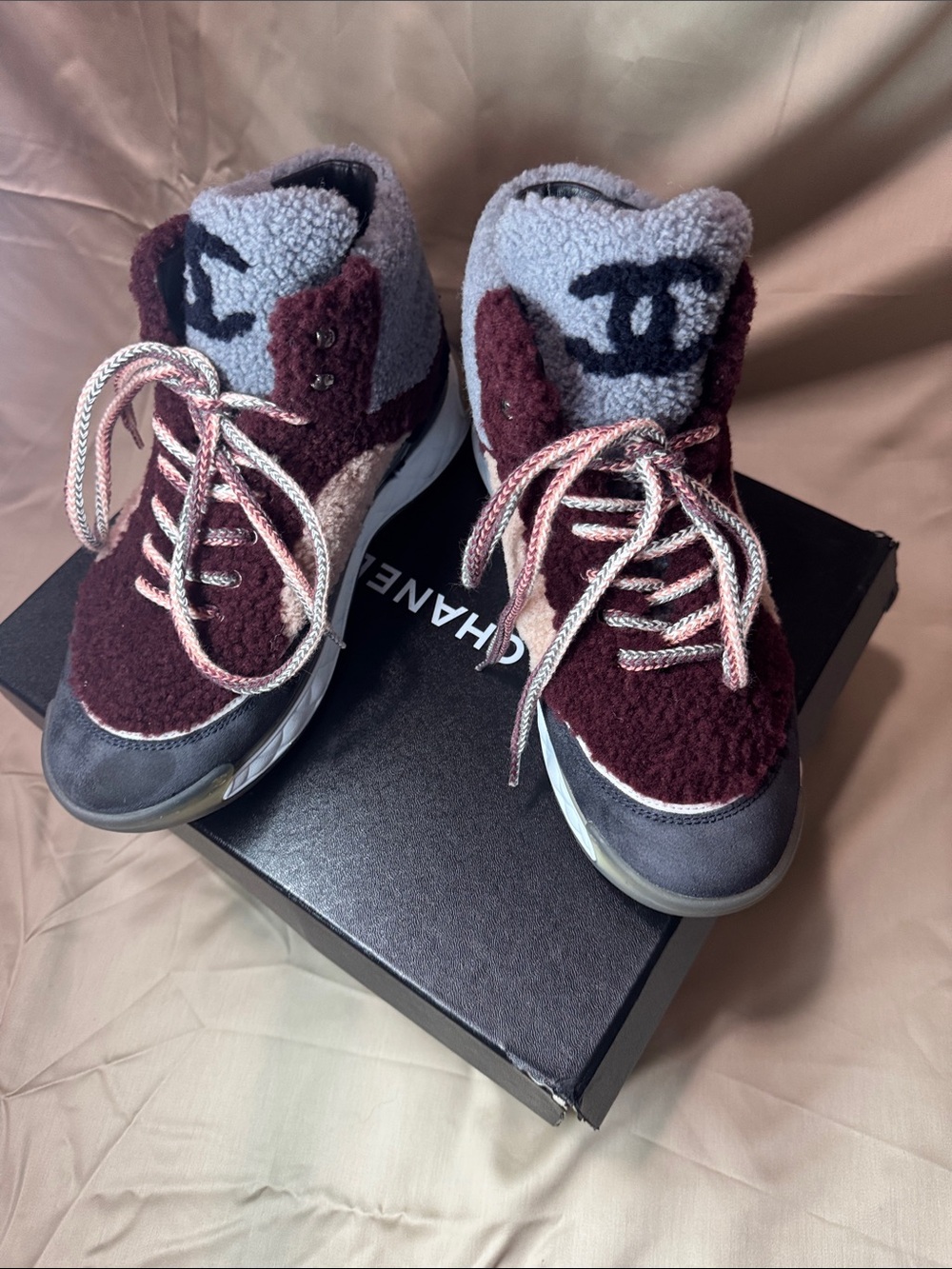 CHANEL womens Burgundy & Gray Shearling High-Top Sneakers